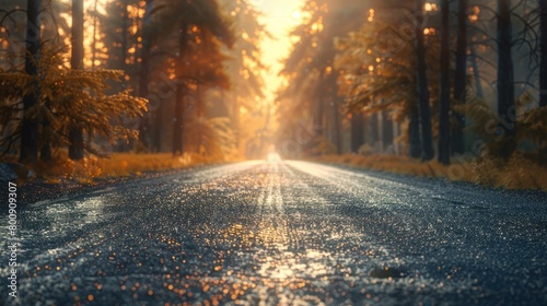 Country road through the autumn forest with sun rays shining through the trees photo