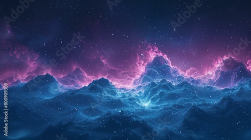 Blue and purple mountain landscape with stars in the night sky