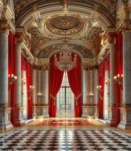 3D rendering of a grand hall with red curtains