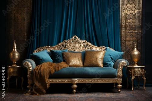 ornate gold and blue couch with patterned gold pillows and gold blanket photo