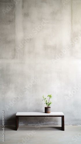 A concrete bench with a plant on it sits in front of a concrete wall.