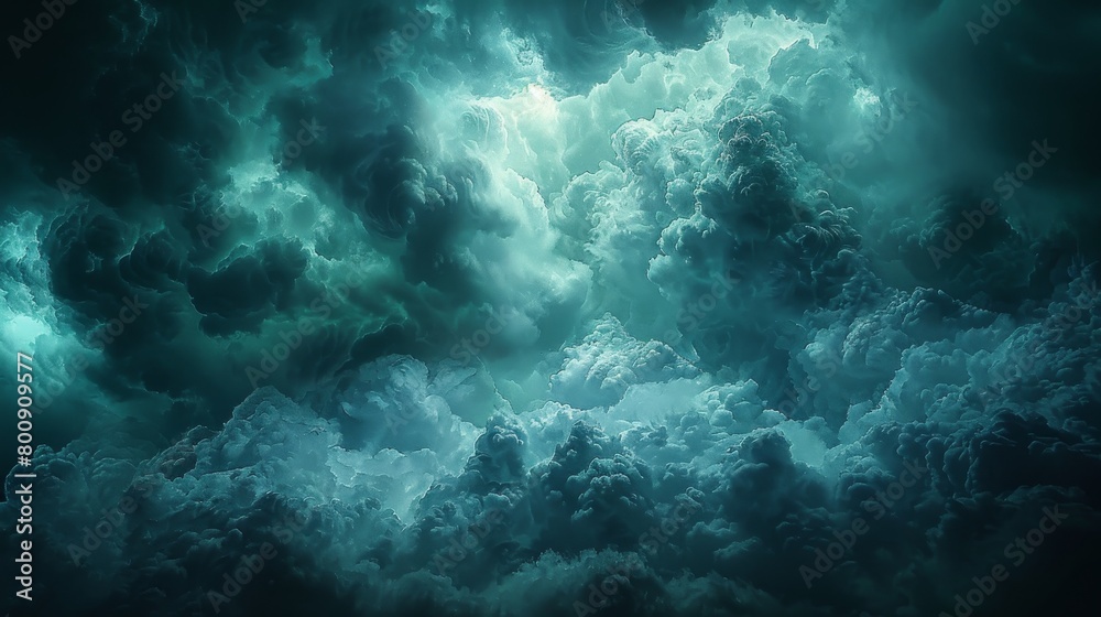 Ominous sky with clouds. Black blue green night sky. Thunderstorm. Dark teal background.
