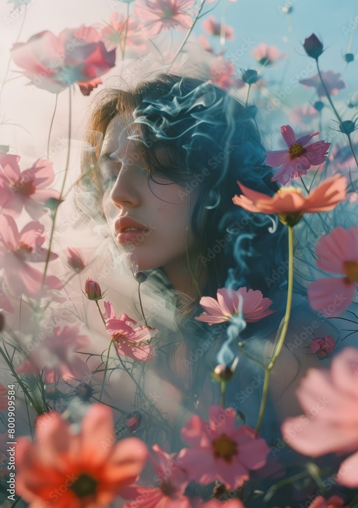 ethereal portrait of a young woman surrounded by cosmos flowers ethereal portrait of a young woman surrounded by cosmos flowers