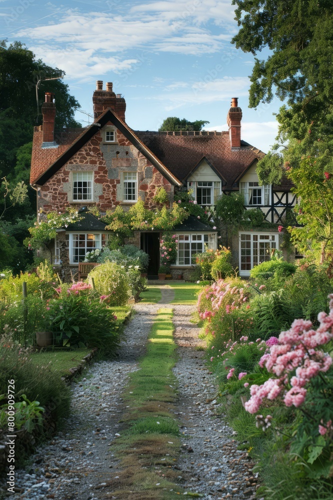 A beautiful English country house with a garden full of flowers