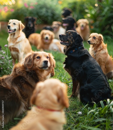 A group of dogs sitting on the grass