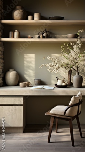 A desk with a vase of flowers and a book on it