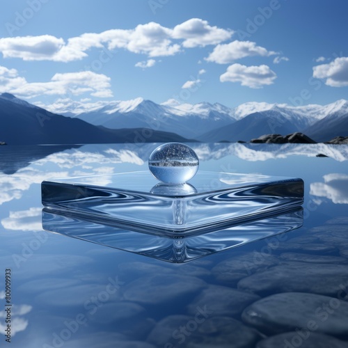 Crystal ball floating on water with snow capped mountains in distance photo