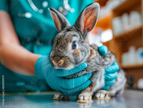 Close-up of a veterinarian examining a brown rabbit