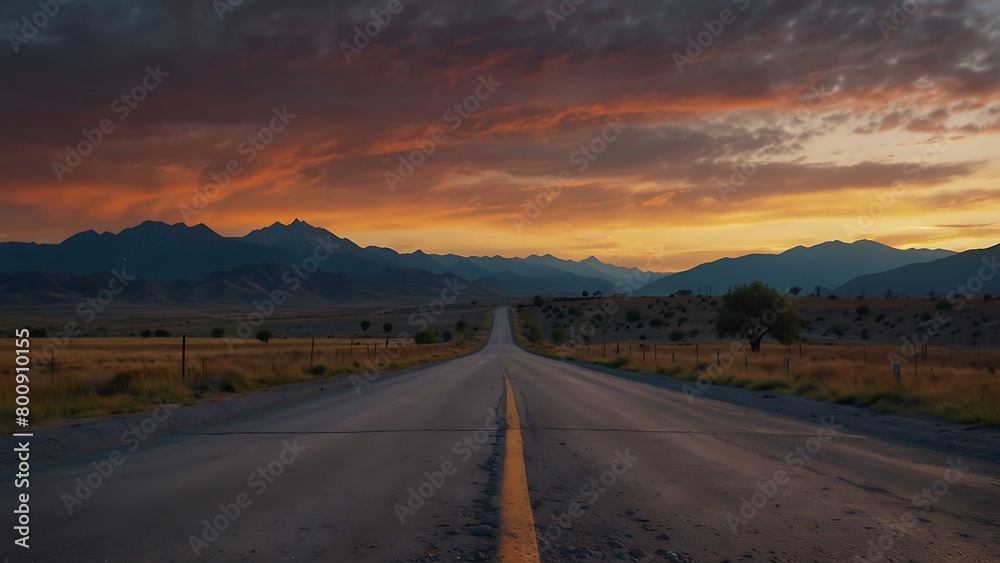 A long, straight road with mountains in the distance. A long, straight road with mountains in the distance.