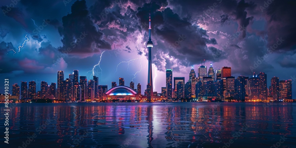 Fototapeta premium A Spectacular Night View of Toronto Skyline with Lightning over Lake Ontario