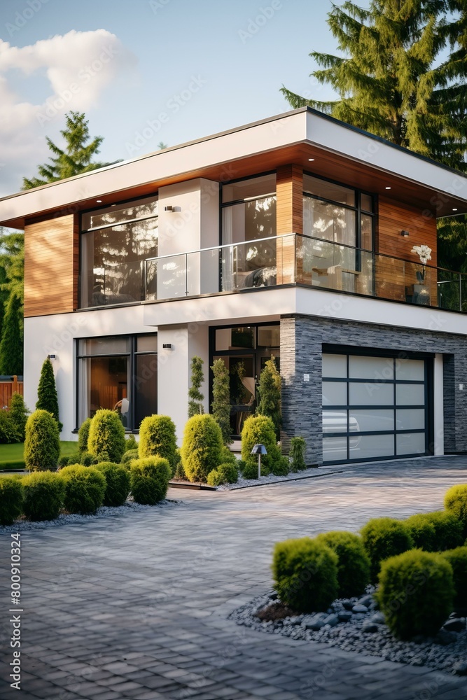 A Modern House with a Garage and a Balcony A Modern House with a Garage and a Balcony