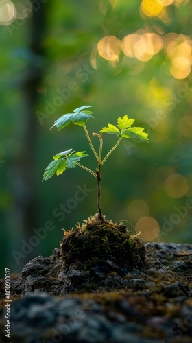 Close-up photo of a small plant growing on a rock in the forest photo