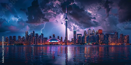 A Spectacular Night View of Toronto Skyline with Lightning over Lake Ontario photo