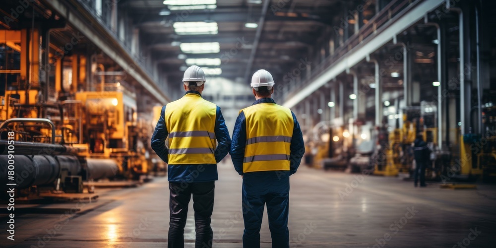 Two workers in a factory are looking at the production line. Two workers in a factory are looking at the production line.
