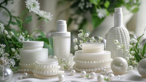 A range of white skincare products displayed with white flowers and pearls