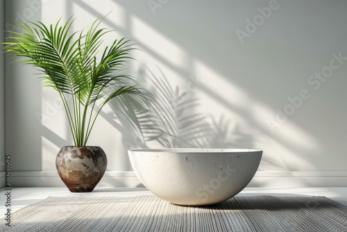 Large bowl next to a potted palm tree photo