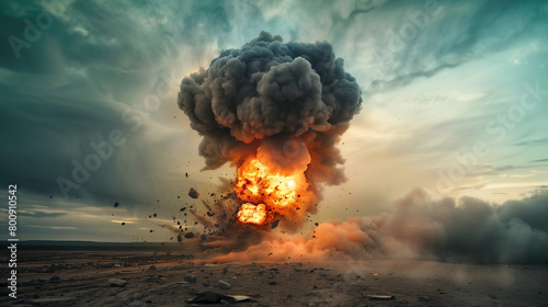 A powerful bomb explosion with tremendous force, creates a shock wave that shakes everything around, the sky is filled with clouds of smoke and fire, Ai generated Images photo