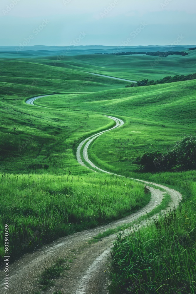 Curving Road Through Green Grassy Hills