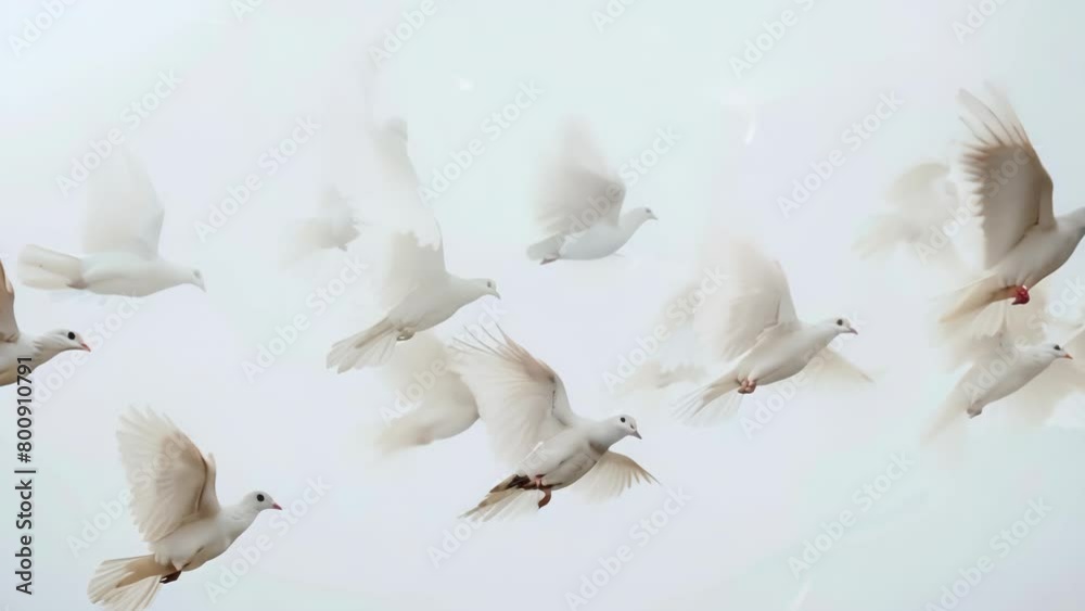A flock of pristine white doves soars gracefully through a bright, clear sky, their wings outstretched in harmonious flight, evoking a profound sense of peace, freedom, hope and unity.
