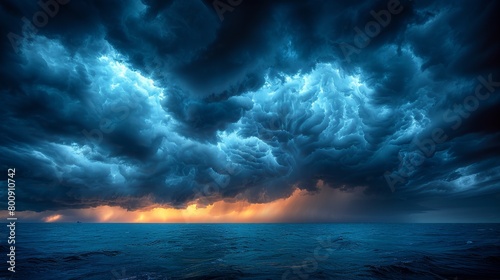 An ominous, moody, creepy atmosphere creates this black blue evening night sky with clouds. Before the storm, thunderstorm, rain, before the storm. Dark dramatic sky background.