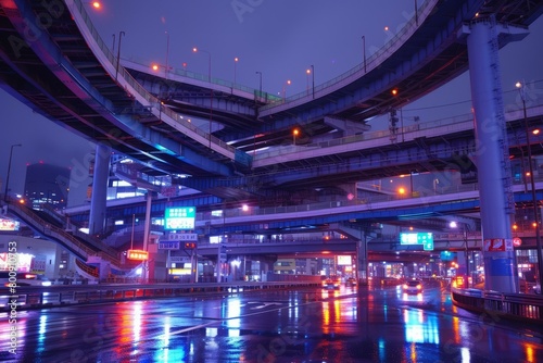 A complex urban highway interchange at night with the roads wet from rain reflecting the colored lights of the city in the rain.