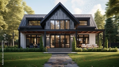 Modern Farmhouse Exterior Design with Black Trim and Large Windows © Adobe Contributor