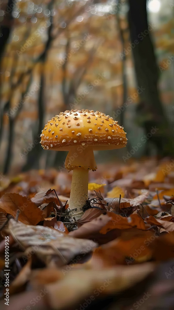 Close-up photo of a single inedible Amanita muscaria mushroom with an orange cap and white stem growing in a bed of brown and yellow autumn leaves with a blurred background of trees Close-up photo of a single inedible Amanita muscaria mushroom with an orange cap and white stem growing in a bed of brown and yellow autumn leaves with a blurred background of trees