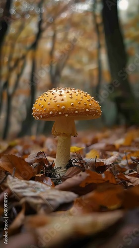 Close-up photo of a single inedible Amanita muscaria mushroom with an orange cap and white stem growing in a bed of brown and yellow autumn leaves with a blurred background of trees