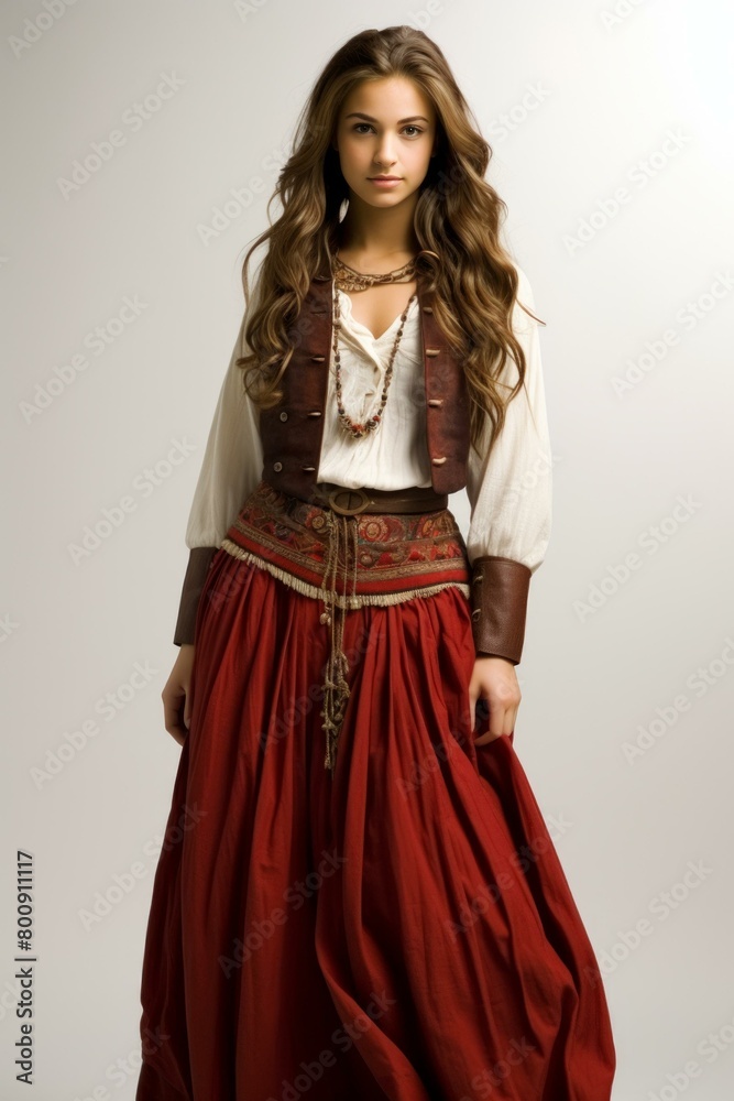 girl wearing a red skirt and brown vest girl wearing a red skirt and brown vest