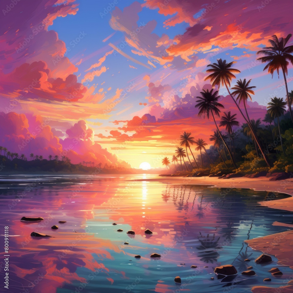 Tranquil setting of a beach at sunset with palm trees and a calm sea