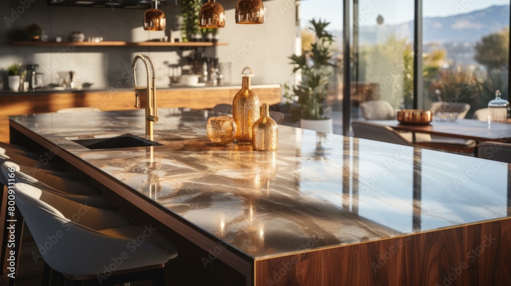 Modern kitchen island with marble top and copper accents Modern kitchen island with marble top and copper accents
