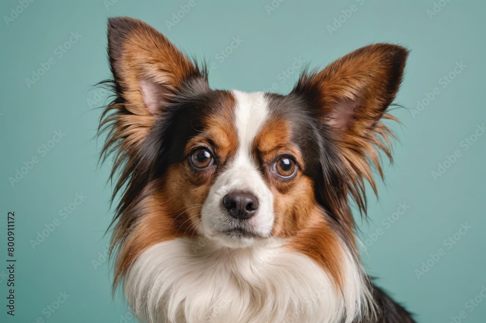 Portrait of Papillon dog looking at camera, copy space. Studio shot.