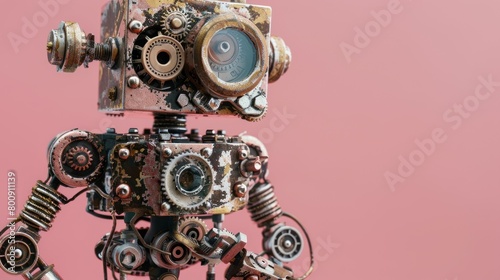 Old robot concept with screw driver. Old gears, gear watch part mechanism. Shabby early metal texture. Pink background.