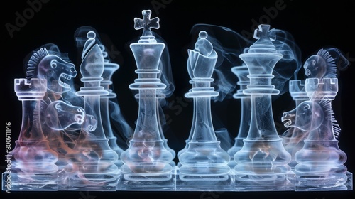X-ray scan of a chess set, displaying the pieces and their internal structure.