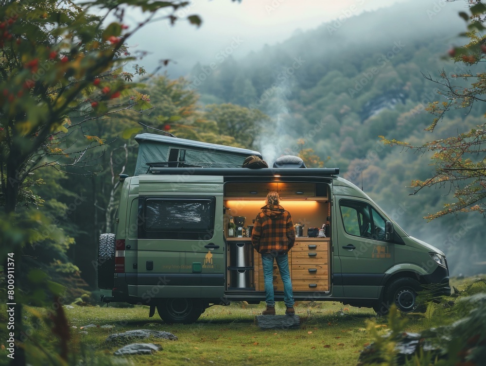 Man standing outside of his camper van in the woods cooking