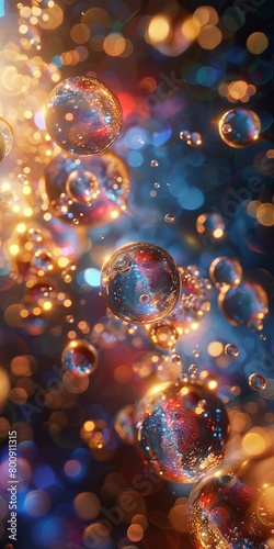Colorful bubbles floating in a blue and gold background