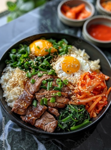 Korean beef bowl with rice, spinach, kimchi, and a fried egg