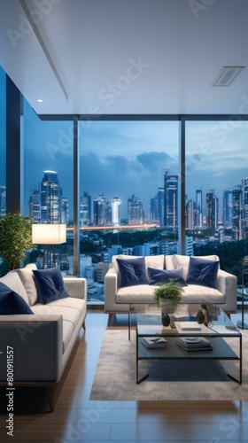 A modern living room with a view of the city at night