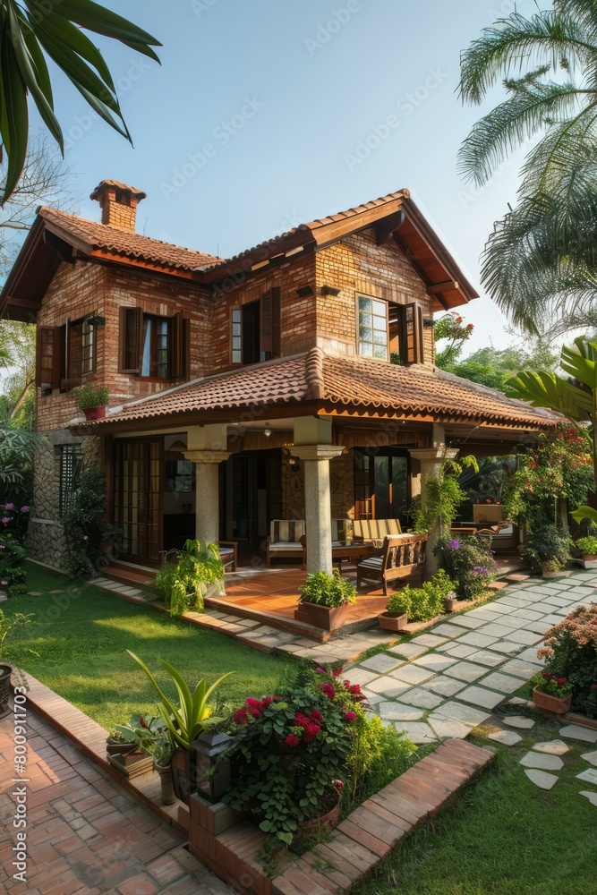 Two-story brick house with clay roof tiles surrounded by tropical plants and flowers