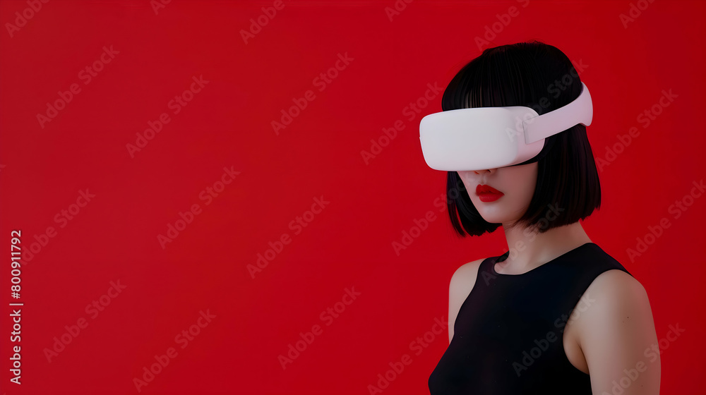Woman wearing virtual reality (VR) goggles. Light background. Space for copy. Woman wearing virtual reality (VR) goggles. Light background. Space for copy.