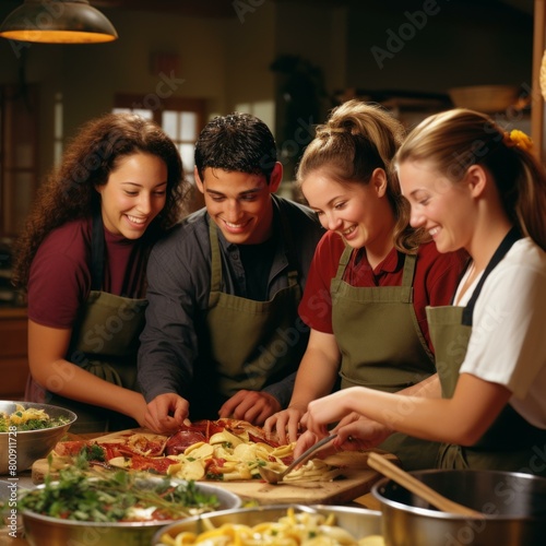 Four people cooking in a kitchen