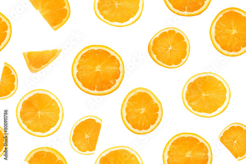 Bright orange slices arrayed on a transparent background  showcasing varying cuts from full rounds to wedges. Generative AI