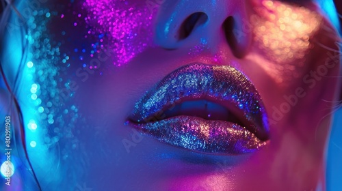 Fashion face woman model in colorful bright neon uv blue and purple lights, glowing neon makeup,AI generated image. photo