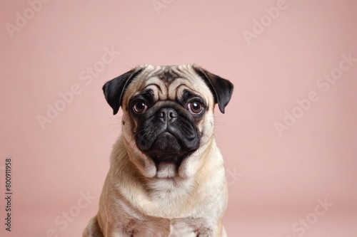 Portrait of Pug dog looking at camera, copy space. Studio shot.