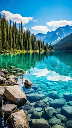 The crystal clear water of a mountain lake reflects the beauty of the surrounding mountains and forests