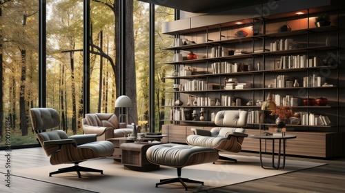 Modern living room interior with large windows overlooking a beautiful autumn forest