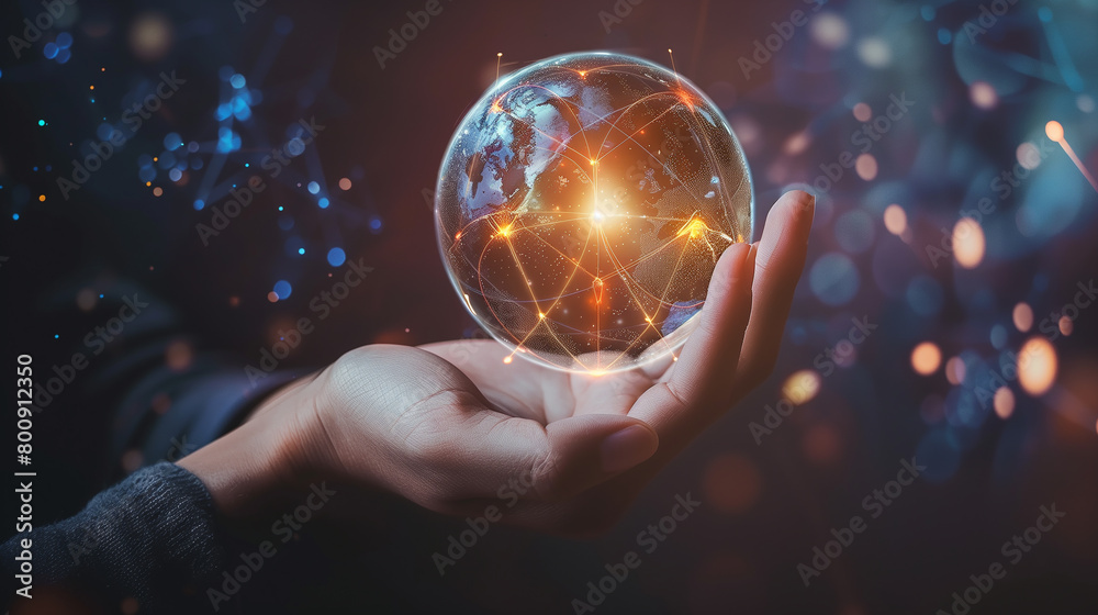 Fototapeta premium Hands, 3D globe hologram and global communication in digital marketing or futuristic networking on double exposure. Hand of person holding virtual world for future technology connection on overlay 