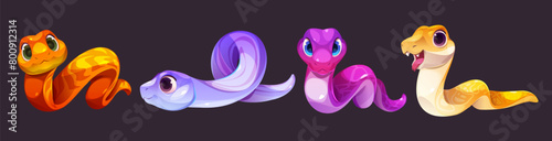 Cute snake cartoon character vector. Funny serpent animal baby isolated set. Tropical poisonous mascot in purple, pink and yellow clipart collection. Wild curious safari hunter with tail for zoo © klyaksun