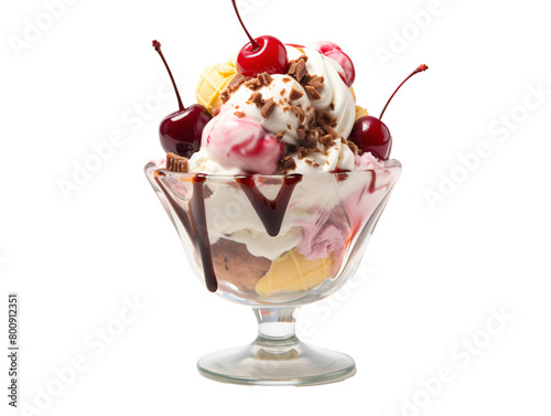 a glass bowl of ice cream with cherries and chocolate
