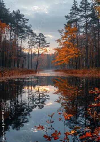 Colorful autumn trees and their reflection in the water